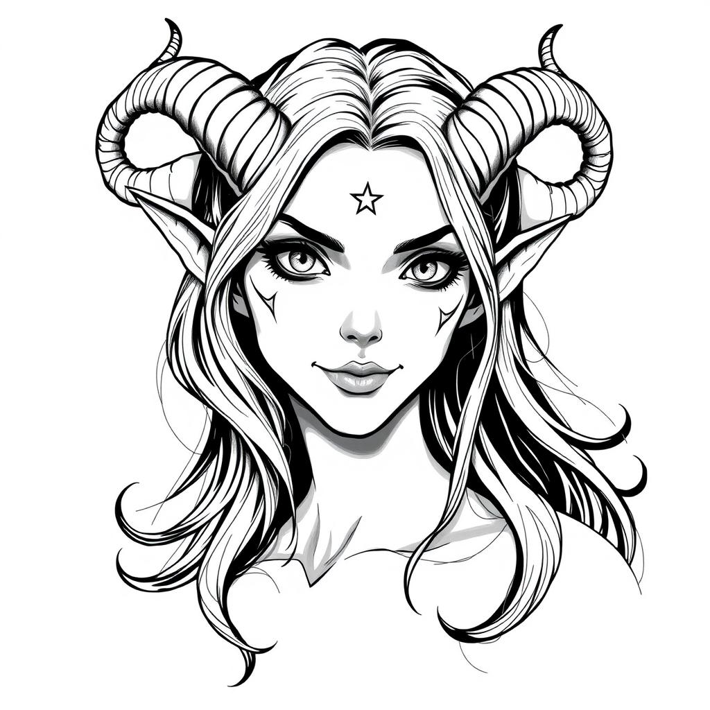 A portrait of a female tiefling character from Dungeons and Dragons, featuring elegant horns and an occult theme