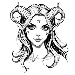 A portrait of a female tiefling character from Dungeons and Dragons, featuring elegant horns and an occult theme