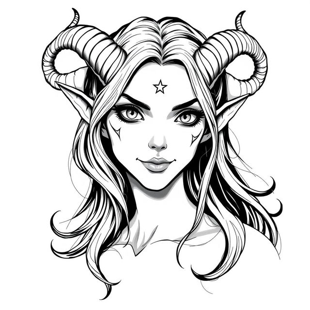 A portrait of a female tiefling character from Dungeons and Dragons, featuring elegant horns and an occult theme