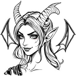 A portrait of a female tiefling character from Dungeons and Dragons, featuring elegant horns and an occult theme