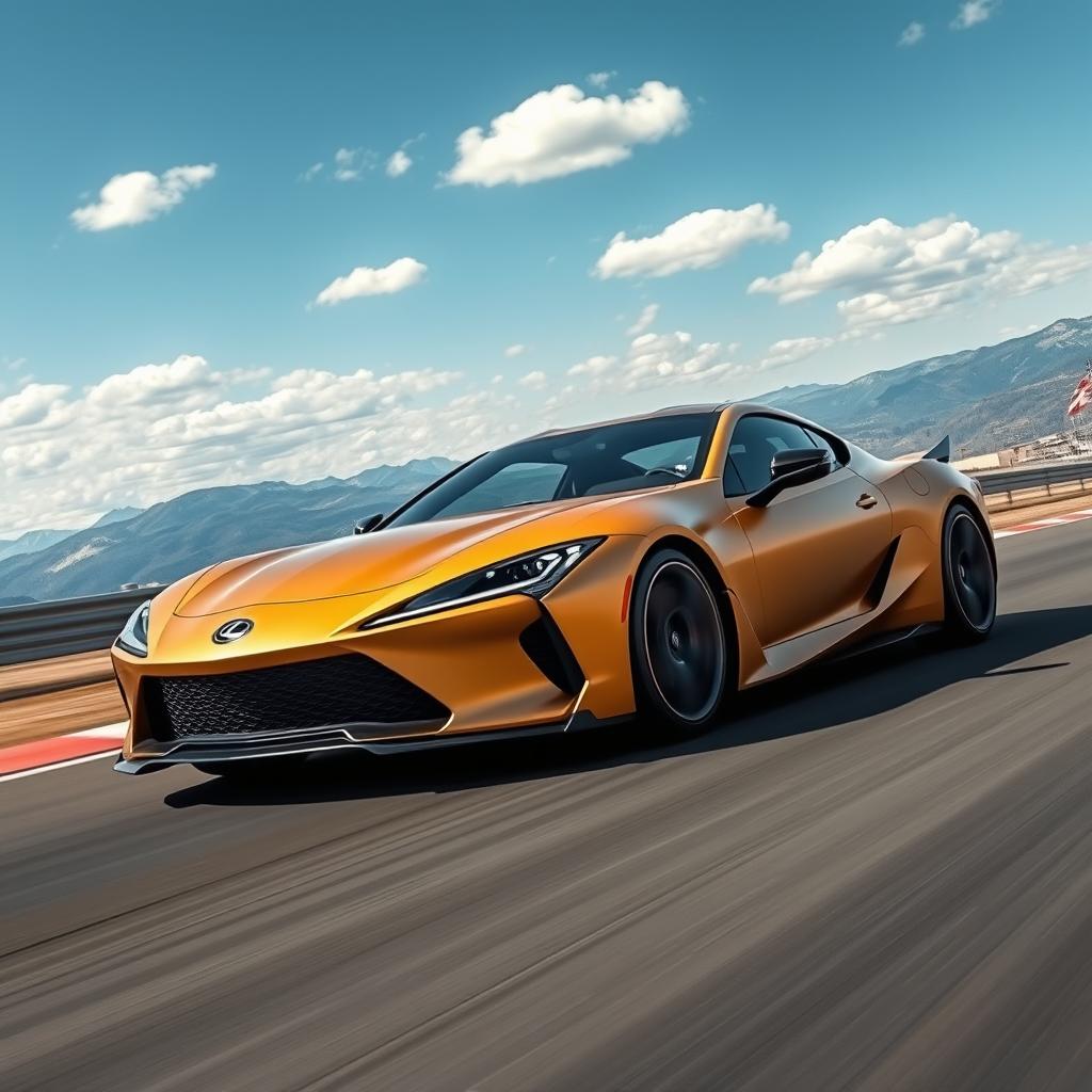 An impressive fusion of a Corvette C8 and a Lexus ES350, showcasing a harmonious blend of sporty and luxury elements in a striking matte gold finish