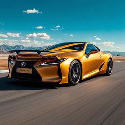 An impressive fusion of a Corvette C8 and a Lexus ES350, showcasing a harmonious blend of sporty and luxury elements in a striking matte gold finish