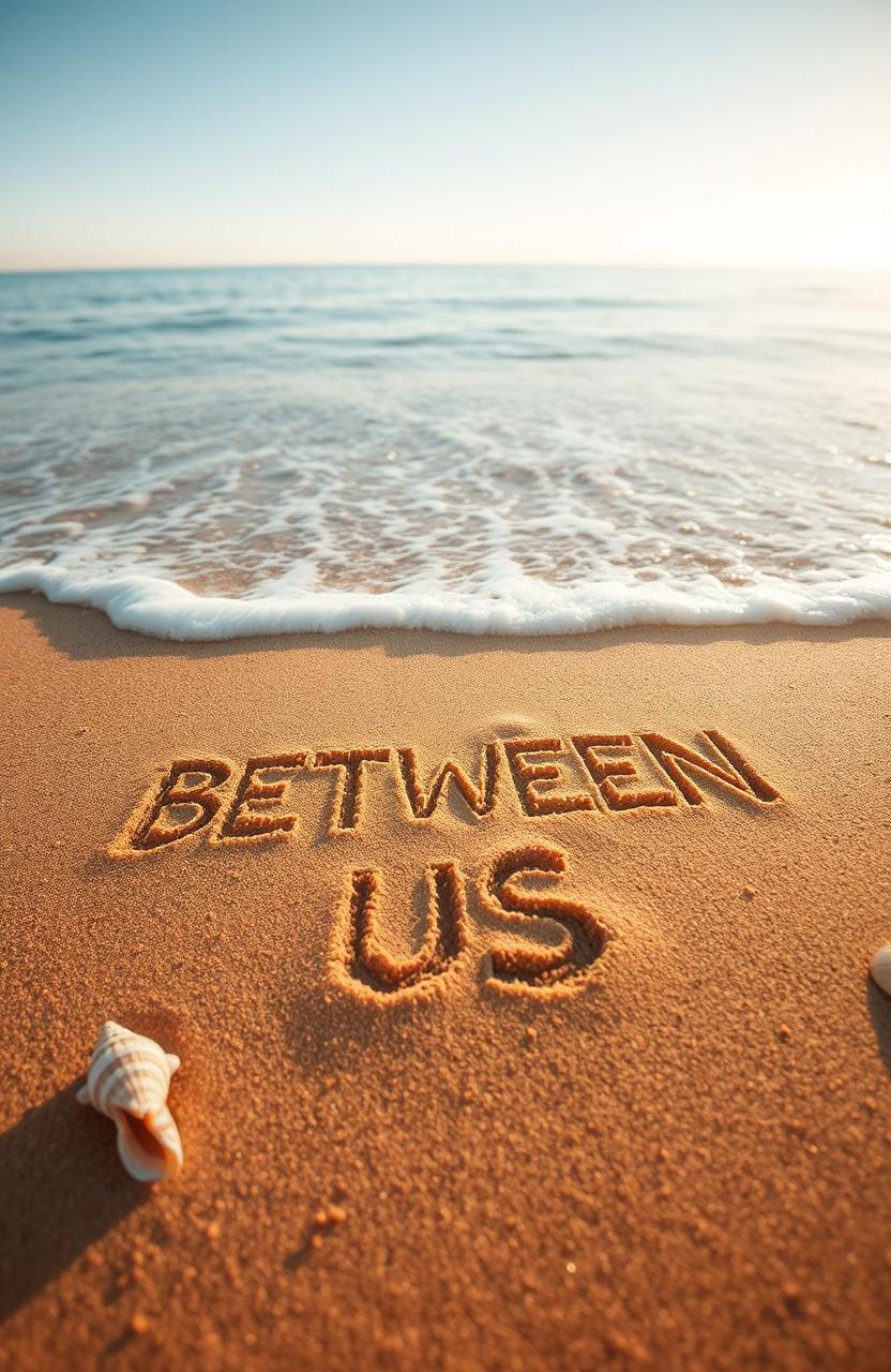 A serene beach scene featuring golden sand with the phrase "BETWEEN US" elegantly carved into the surface