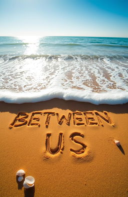 A serene beach scene featuring golden sand with the phrase "BETWEEN US" elegantly carved into the surface