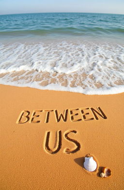 A serene beach scene featuring golden sand with the phrase "BETWEEN US" elegantly carved into the surface