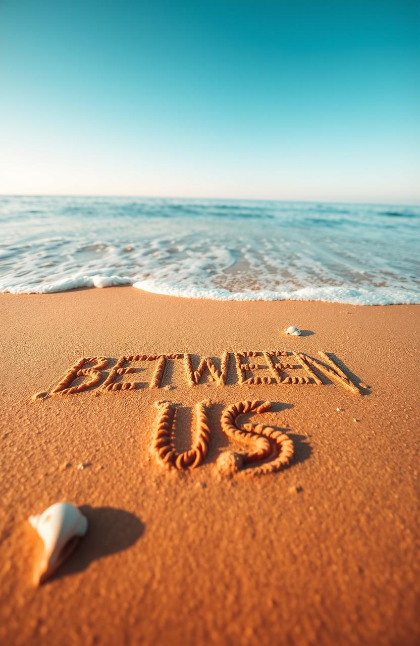 A serene beach scene featuring golden sand with the phrase "BETWEEN US" elegantly carved into the surface