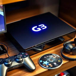 A sleek, modern black game console, styled like a PlayStation 3, prominently featuring a glowing 'G3' logo on the front