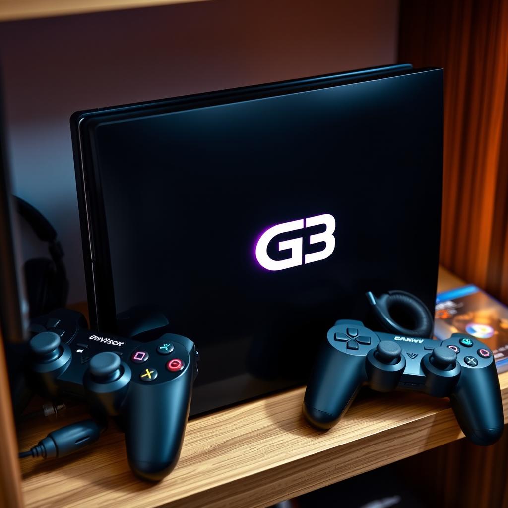 A sleek, modern black game console, styled like a PlayStation 3, prominently featuring a glowing 'G3' logo on the front