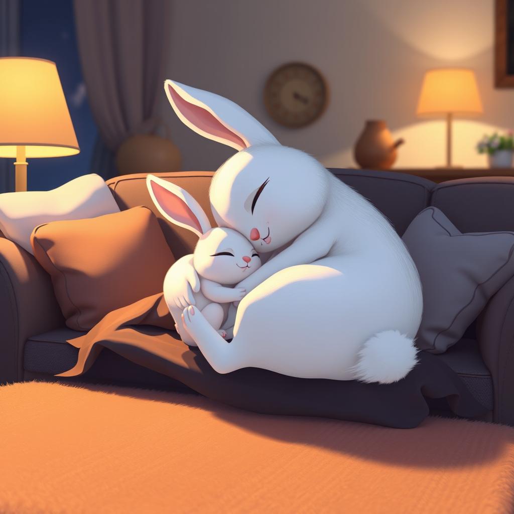 At night, a little white rabbit is peacefully sleeping in the warm embrace of her mother rabbit on a cozy sofa