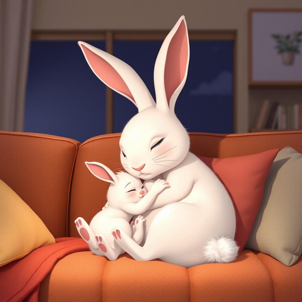 At night, a little white rabbit is peacefully sleeping in the warm embrace of her mother rabbit on a cozy sofa