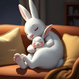 At night, a little white rabbit is peacefully sleeping in the warm embrace of her mother rabbit on a cozy sofa