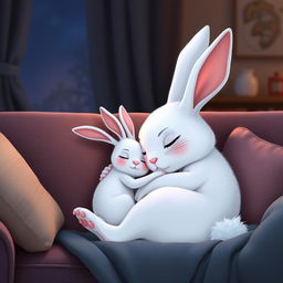 At night, a little white rabbit is peacefully sleeping in the warm embrace of her mother rabbit on a cozy sofa