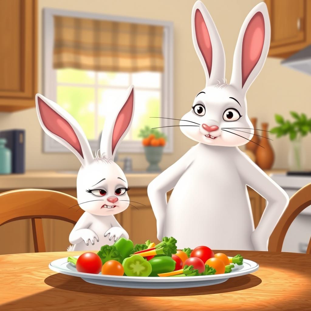 In the morning, a little white rabbit sits at the dining table with a look of disgust on its face, staring at the plate of vegetables in front of it