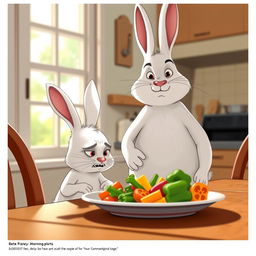 In the morning, a little white rabbit sits at the dining table with a look of disgust on its face, staring at the plate of vegetables in front of it