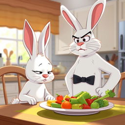 In the morning, a little white rabbit sits at the dining table with a look of disgust on its face, staring at the plate of vegetables in front of it