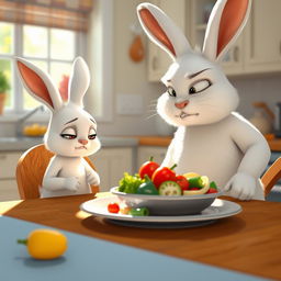 In the morning, a little white rabbit sits at the dining table with a look of disgust on its face, staring at the plate of vegetables in front of it