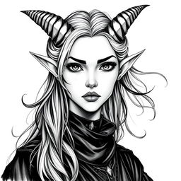 A portrait of a female tiefling, featuring characteristic horns and small pointed ears, embodying her role as a warlock or demonist