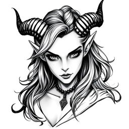 A portrait of a female tiefling, featuring characteristic horns and small pointed ears, embodying her role as a warlock or demonist