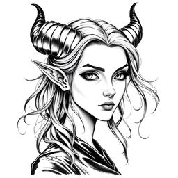 A portrait of a female tiefling, featuring characteristic horns and small pointed ears, embodying her role as a warlock or demonist