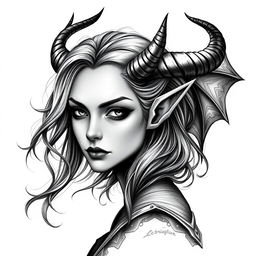 A portrait of a female tiefling, featuring characteristic horns and small pointed ears, embodying her role as a warlock or demonist