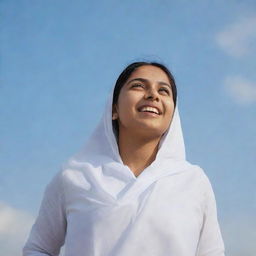 A cheerful Muslim girl in a white salwar, looking up at the sky and smiling.