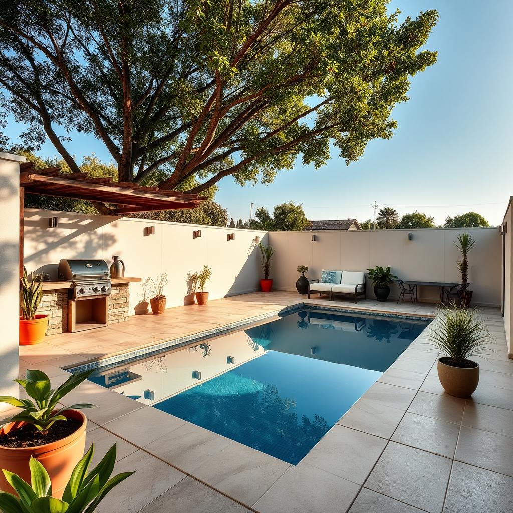 A beautifully designed 30 square meter patio featuring a modern swimming pool surrounded by elegant tiles