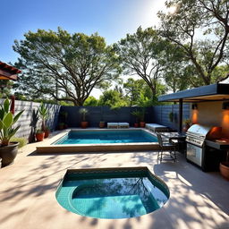 A beautifully designed 30 square meter patio featuring a modern swimming pool surrounded by elegant tiles