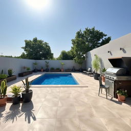 A beautifully designed 30 square meter patio featuring a modern swimming pool surrounded by elegant tiles