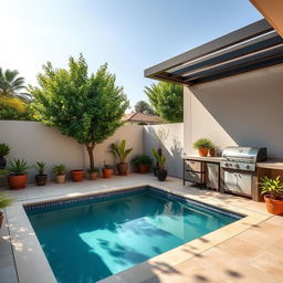 A beautifully designed 30 square meter patio featuring a modern swimming pool surrounded by elegant tiles