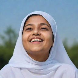 A cheerful Muslim girl in a white salwar, looking up at the sky and smiling.