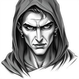 A captivating portrait of a male vampire character, featuring small pointed ears and a sinister expression, embodying the role of an assassin