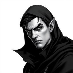 A captivating portrait of a male vampire character, featuring small pointed ears and a sinister expression, embodying the role of an assassin