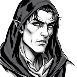 A captivating portrait of a male vampire character, featuring small pointed ears and a sinister expression, embodying the role of an assassin