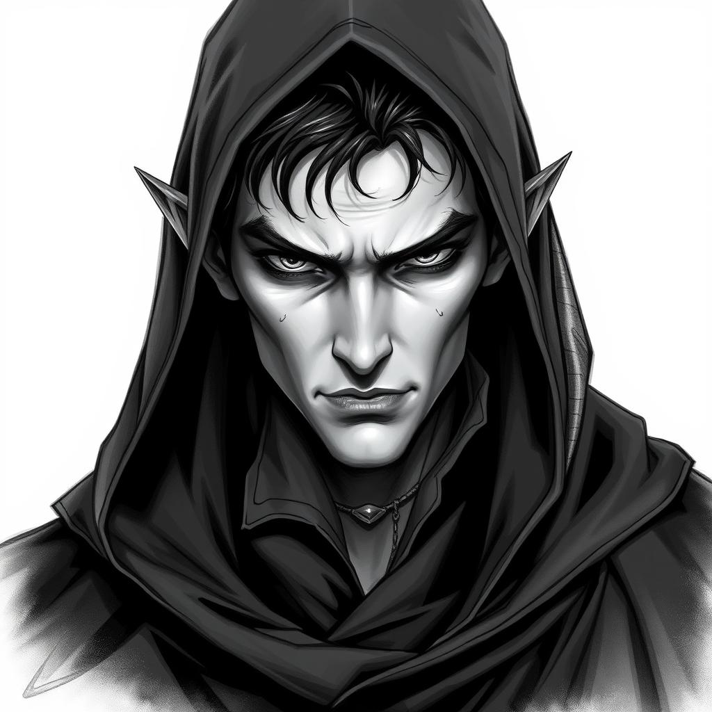 A captivating portrait of a male vampire character, featuring small pointed ears and a sinister expression, embodying the role of an assassin