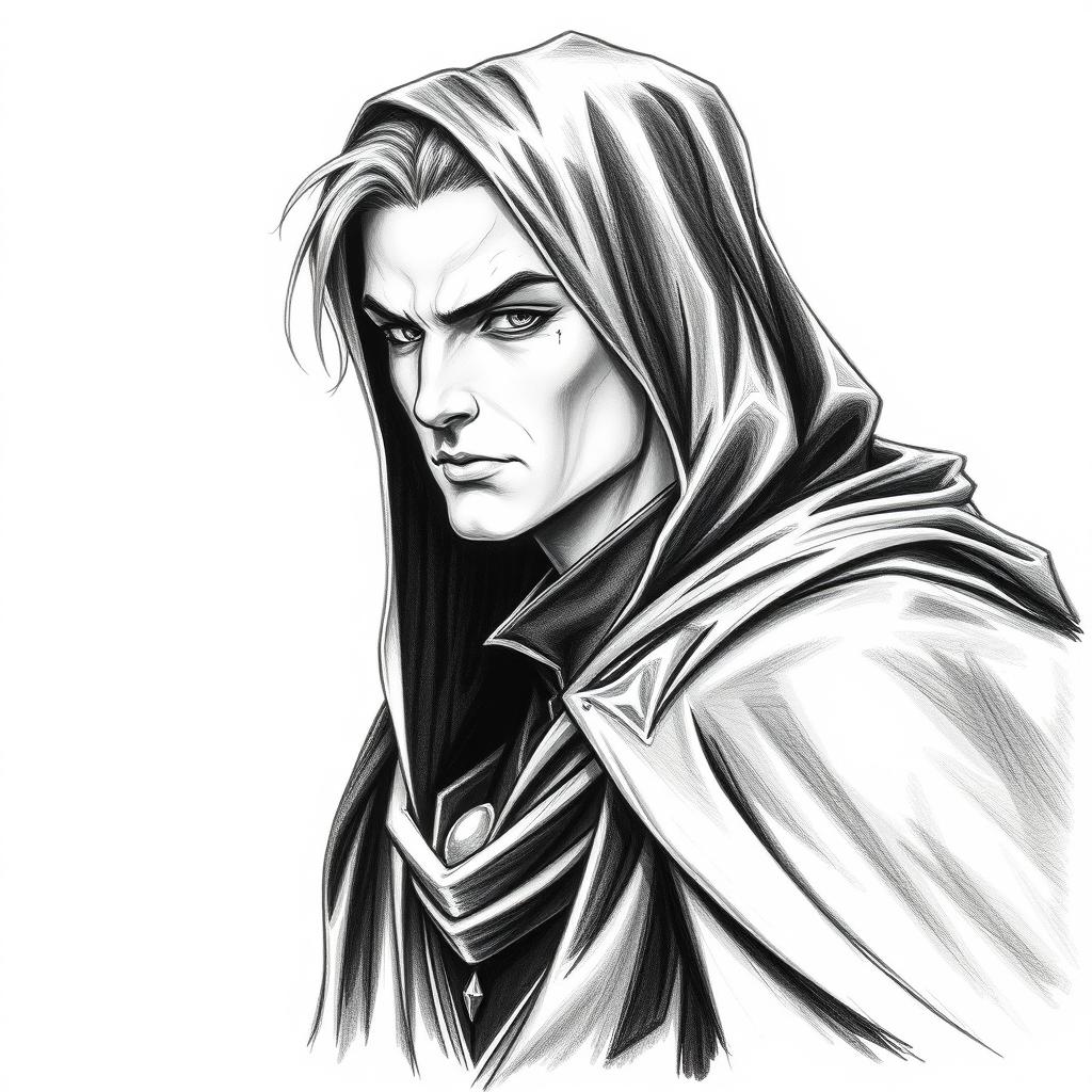 A striking portrait of a male vampire character, featuring small pointed ears and an assassin's cunning expression