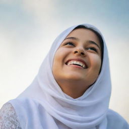 A cheerful Muslim girl in a white salwar, looking up at the sky and smiling.