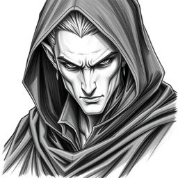 A striking portrait of a male vampire character, featuring small pointed ears and an assassin's cunning expression