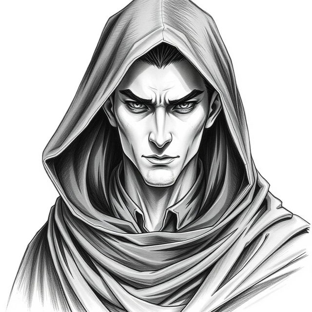 A striking portrait of a male vampire character, featuring small pointed ears and an assassin's cunning expression