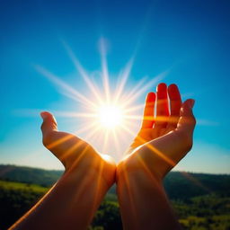 A stunning depiction of the sun being captured and held in a person's hands, radiating bright beams of sunlight against a clear blue sky