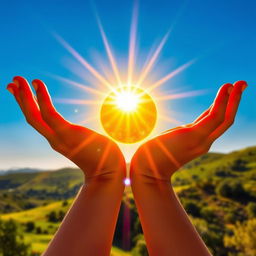 A stunning depiction of the sun being captured and held in a person's hands, radiating bright beams of sunlight against a clear blue sky