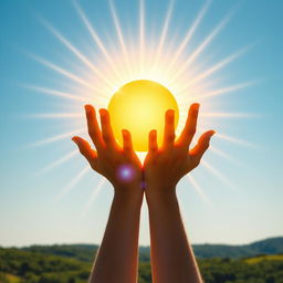 A stunning depiction of the sun being captured and held in a person's hands, radiating bright beams of sunlight against a clear blue sky