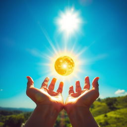 A stunning depiction of the sun being captured and held in a person's hands, radiating bright beams of sunlight against a clear blue sky