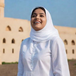 A cheerful Muslim girl in a white salwar, looking up at the sky and smiling.