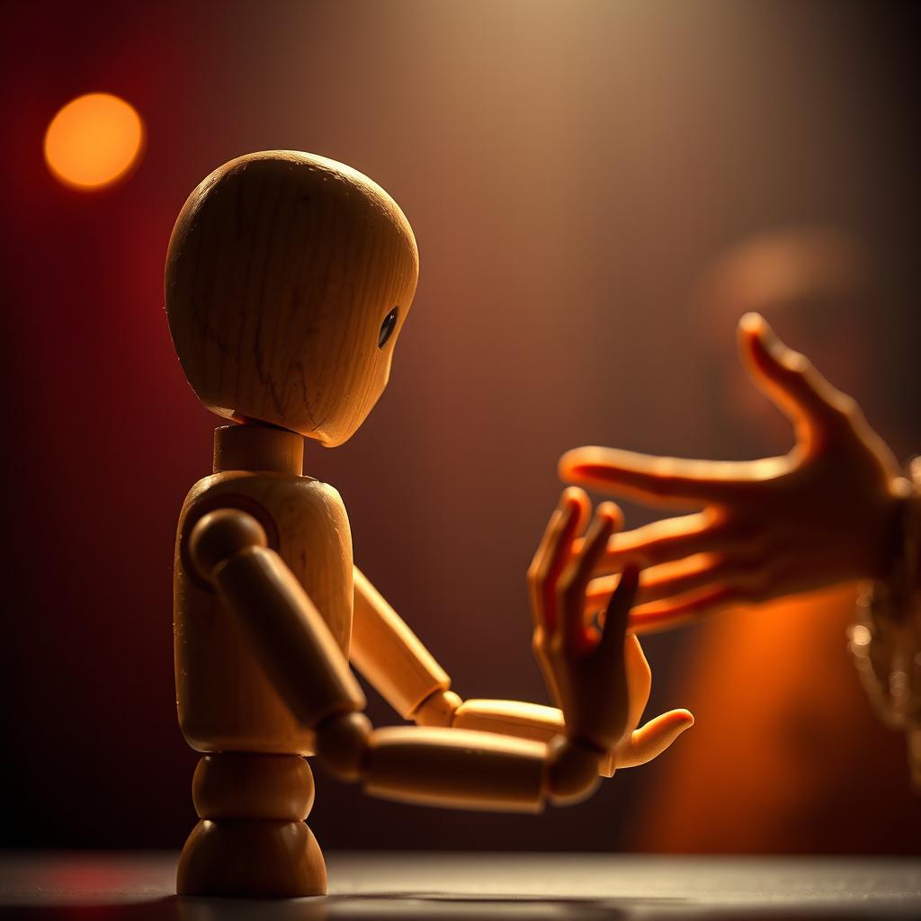 A realistic wooden doll positioned on stage, its eyes seemingly mesmerized by the hands of a beautiful lady performing nearby