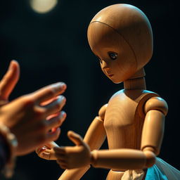 A realistic wooden doll positioned on stage, its eyes seemingly mesmerized by the hands of a beautiful lady performing nearby