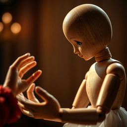 A realistic wooden doll positioned on stage, its eyes seemingly mesmerized by the hands of a beautiful lady performing nearby