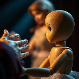 A realistic wooden doll positioned on stage, its eyes seemingly mesmerized by the hands of a beautiful lady performing nearby