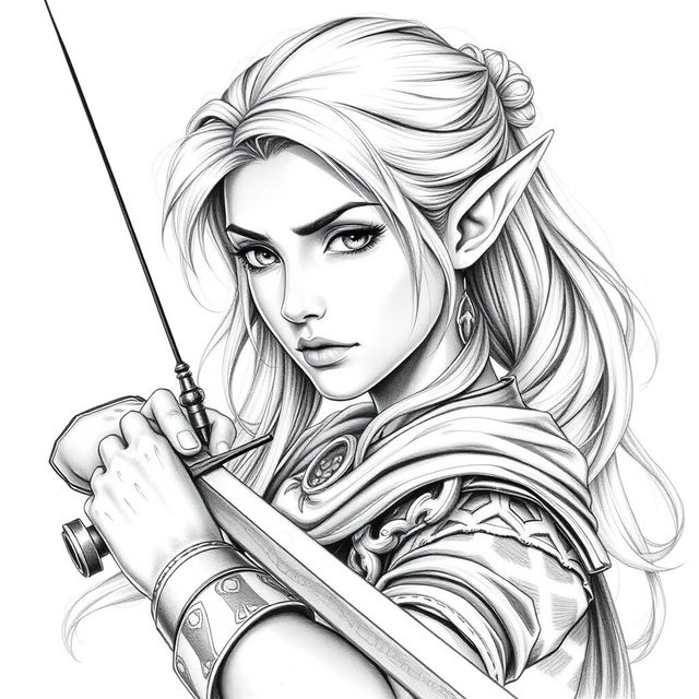 A stunning portrait of a female elf character, featuring small pointed ears and a determined expression, embodying the role of an archer