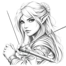 A stunning portrait of a female elf character, featuring small pointed ears and a determined expression, embodying the role of an archer