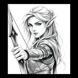 A stunning portrait of a female elf character, featuring small pointed ears and a determined expression, embodying the role of an archer